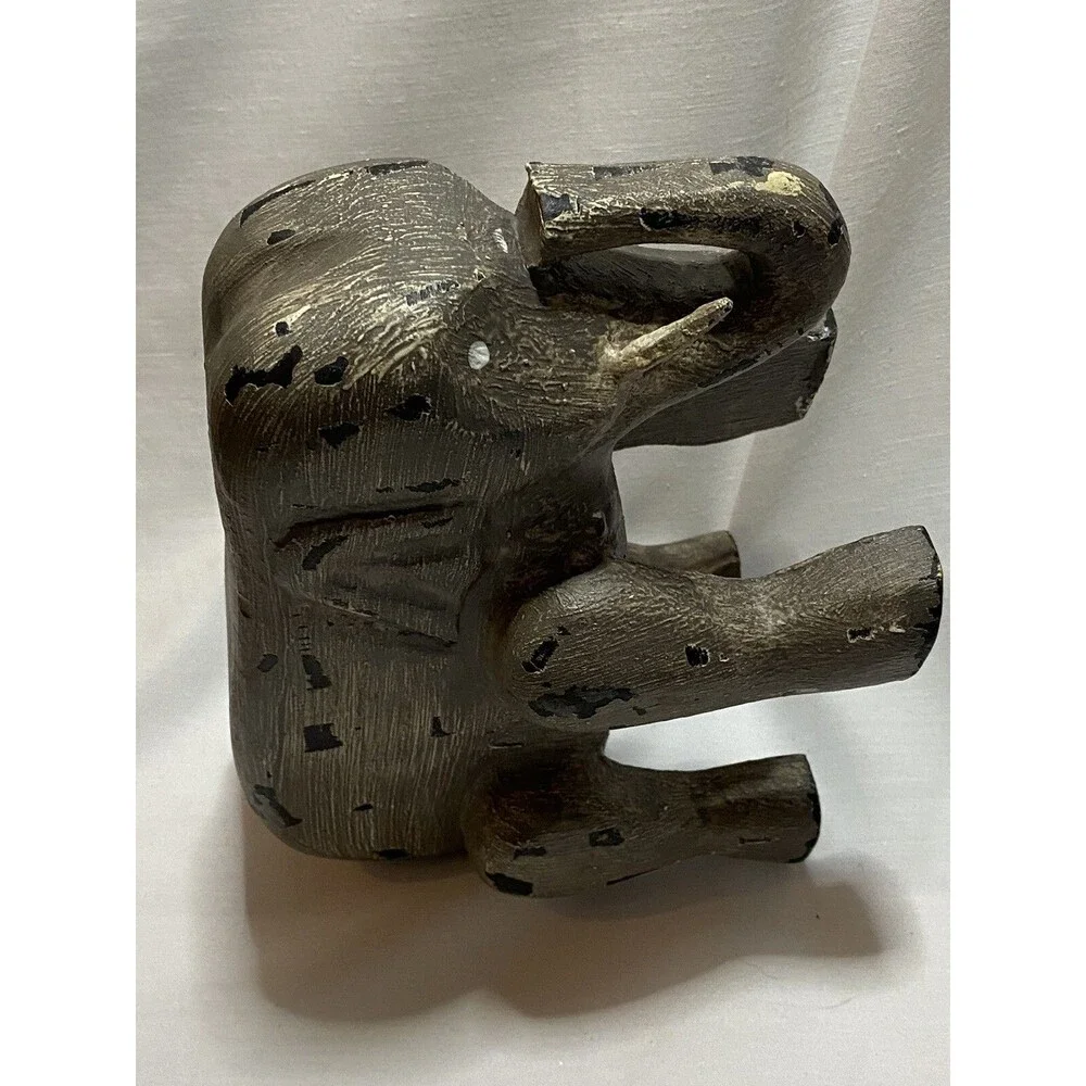 Primitive Elephant Wood Carved Figurine Trunk Up